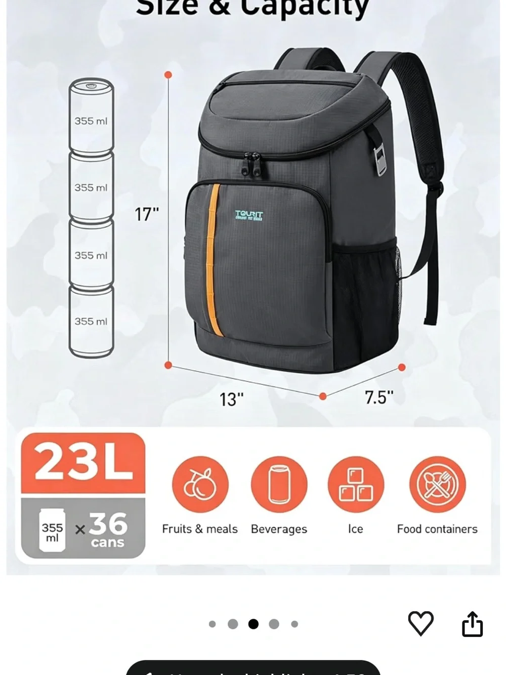 Tourit backpack cooler bag light grey 30 can capacity insulated soft sided NWT